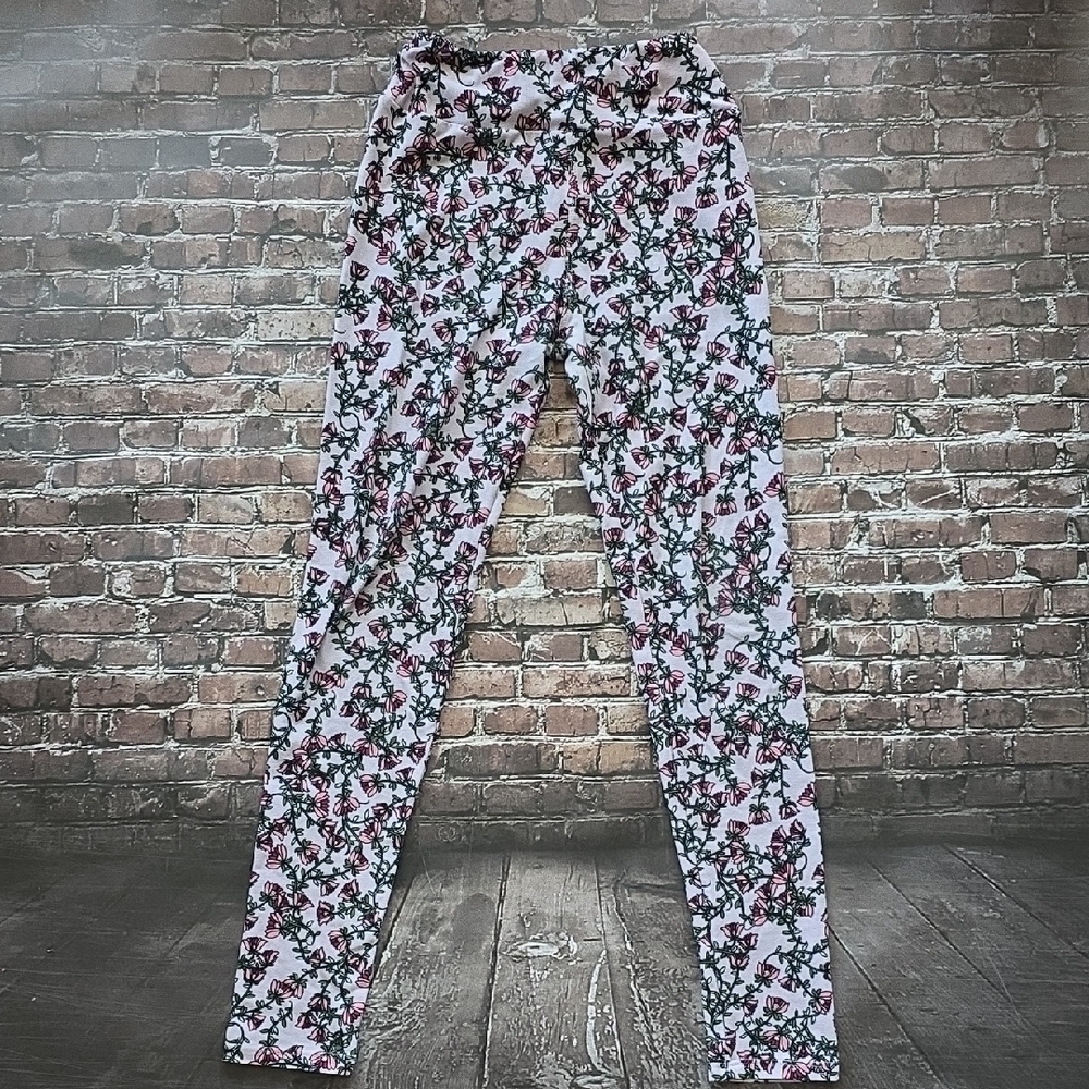 LuLaRoe Girls' Floral Print Leggings - Pink & Green - Tween